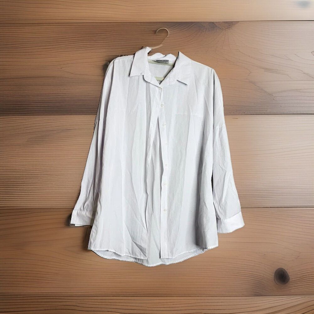 Big Dart White Shirt Button Up Oversize Women's 12 Drop Sleeve Lightly Textured
